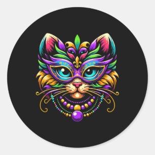 Mardi Gras Cat Wearing Mask Jester Hat Funny Carni Classic Round Sticker