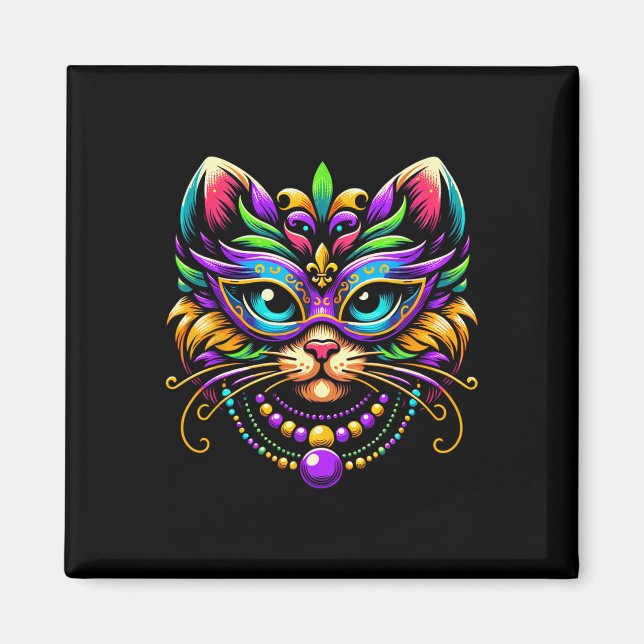 Mardi Gras Cat Wearing Mask Jester Hat Funny Carni Magnet (Front)