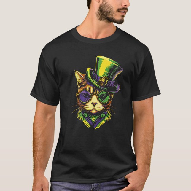 Mardi Gras Cat With Hat Glasses T-Shirt (Front)