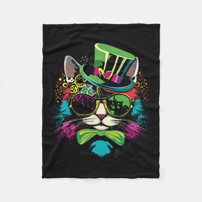 Mardi Gras Cat With Hat Gles  Fleece Blanket (Front)