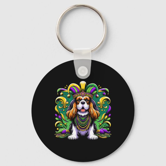 Mardi Gras Cavalier King Charles Spaniel Dog Jeste Key Ring (Front)