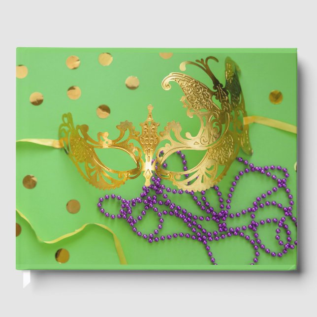 Mardi Gras Celebration Gold Mask Purple Beads Guest Book (Front)