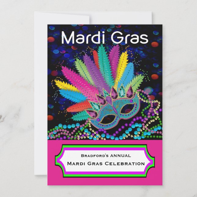 MARDI GRAS Celebration, Mask, Beads,Colourful Invitation (Front)