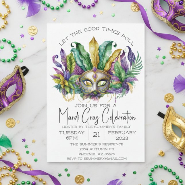 Mardi Gras Celebration Watercolor Mask  Invitation (Creator Uploaded)