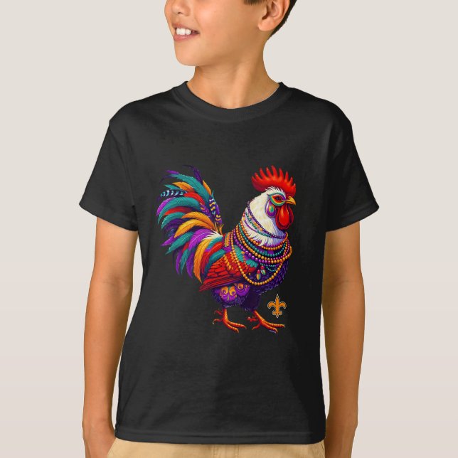 Mardi Gras Chicken Rooster Beads New Orleans Funny T-Shirt (Front)
