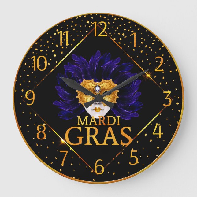 Mardi Gras Clock, Blue Feather Mardi Gras Mask Large Clock (Front)