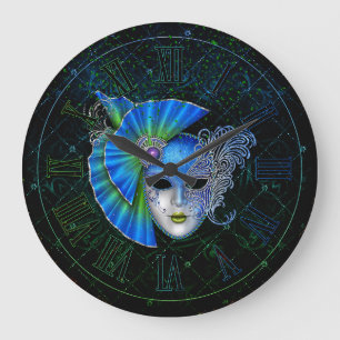 Mardi Gras Clock, Blue Green Mardi Gras Mask Large Clock
