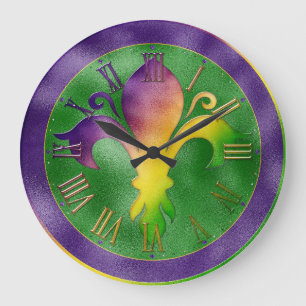 Mardi Gras Clock, Colorful Fleur de Lis Large Cloc Clock