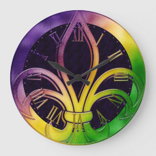 Mardi Gras Clock, Colorful Fleur de Lis Large Clock