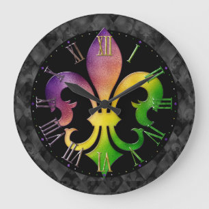 Mardi Gras Clock, Colourful Fleur de Lis  Large Cl Large Clock