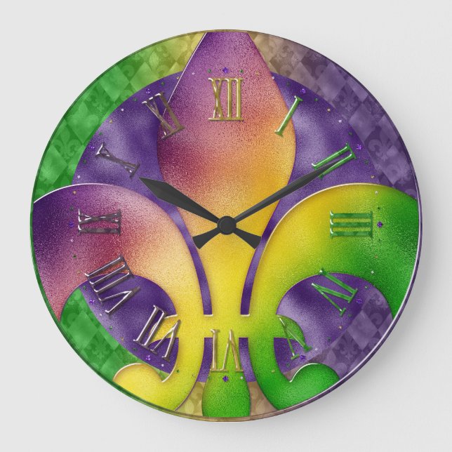 Mardi Gras Clock, Colourful Fleur de Lis  Large Clock (Front)