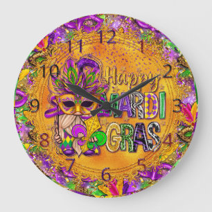 Mardi Gras Clock, Colourful Happy Mardi Gras Gnome Large Clock