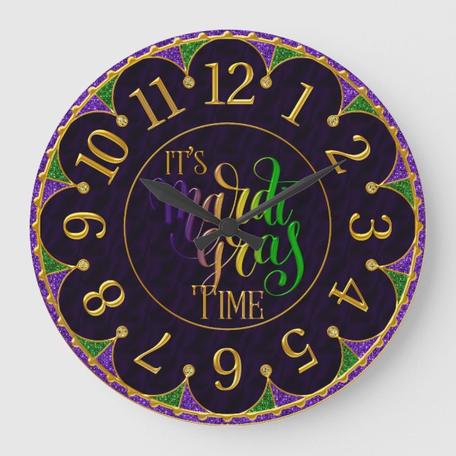 Mardi Gras Clock, Colourful It's Mardi Gras Time   Large Clock (Front)