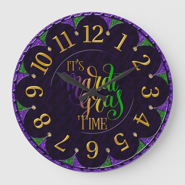 Mardi Gras Clock, Colourful It's Mardi Gras Time  Large Clock (Front)