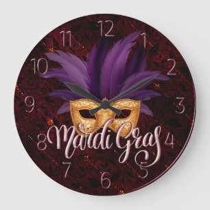 Mardi Gras Clock, Mardi Gras Feather Mask Large Clock