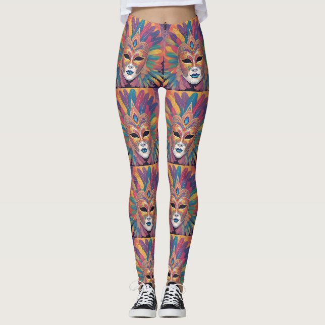 Mardi Gras Colourful Feather Mask on Black Legging (Front)