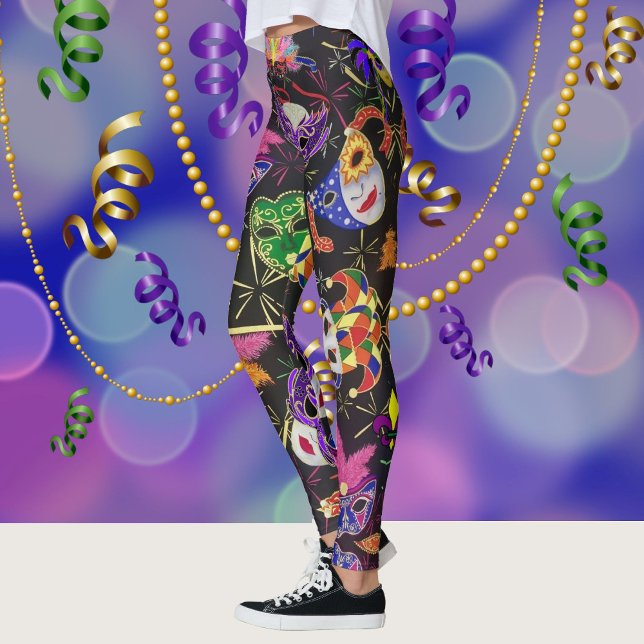 Mardi Gras Colourful Feather Mask on Black Leggings (Creator Uploaded)