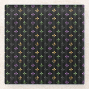 Mardi Gras Colourful Fleur De Lis Dark Vertical Glass Coaster