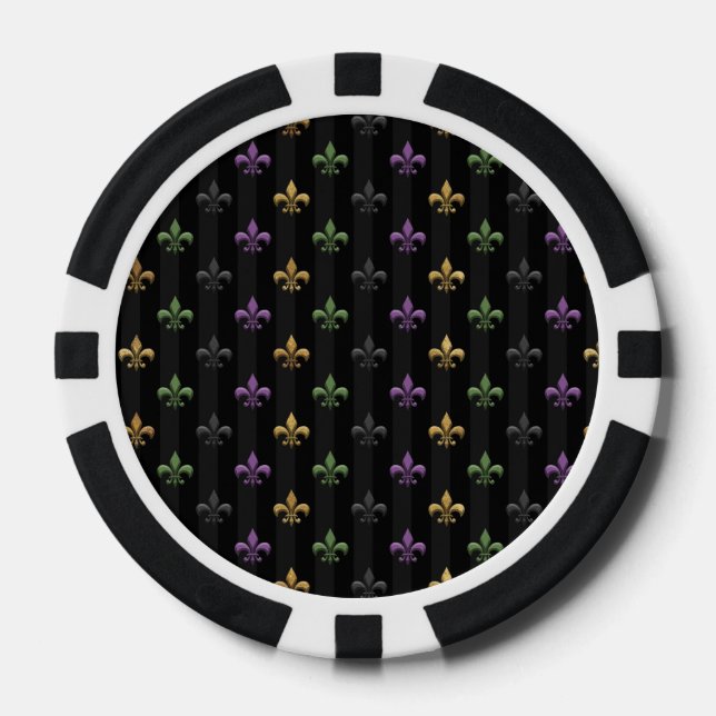 Mardi Gras Colourful Fleur De Lis Dark Vertical Poker Chips (Front)