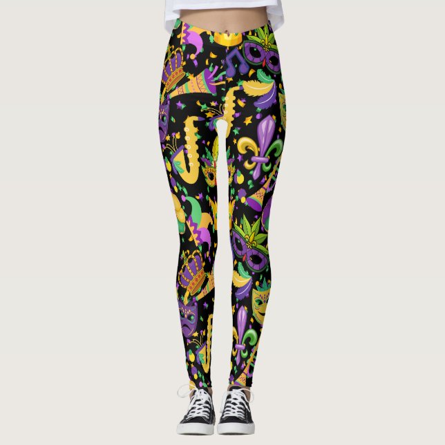 Mardi gras colours Black BG Leggings (Front)
