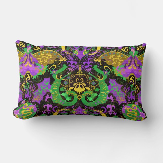 Mardi Gras Colours Damask Dragon, Butterfly, Snake Lumbar Cushion (Front)