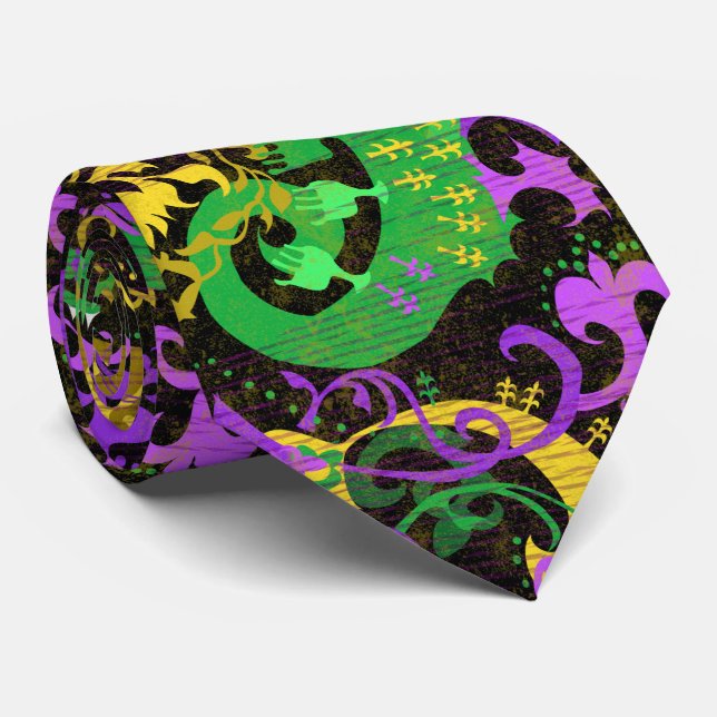 Mardi Gras Colours Damask Dragon, Butterfly, Snake Tie (Rolled)