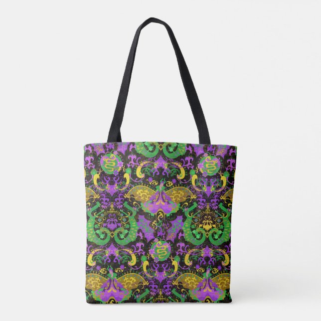 Mardi Gras Colours Damask Dragon, Butterfly, Snake Tote Bag (Back)
