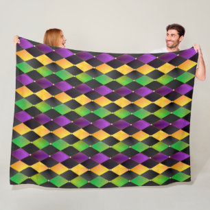 Mardi Gras Colours Diamond Harlequin Argyle - Blac Fleece Blanket