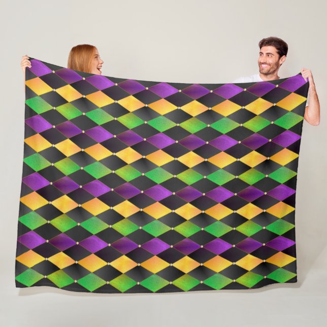 Mardi Gras Colours Diamond Harlequin Argyle - Blac Fleece Blanket (In Situ)