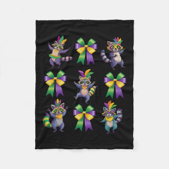 Mardi Gras Coquette Bow Cute Racoon Dancing Trash Fleece Blanket (Front)
