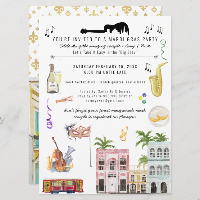 Mardi Gras Couple's Shower Invitation (Front/Back)