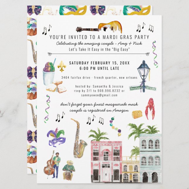 Mardi Gras Couple's Shower Invitation (Front/Back)