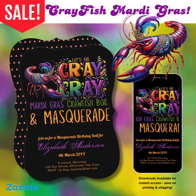 Mardi Gras Crawfish Boil Masquerade Lets Cray Cray Invitation (Creator Uploaded)