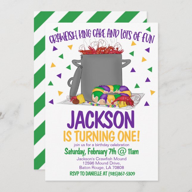 Mardi Gras Crawfish First Birthday Invitation (Front/Back)