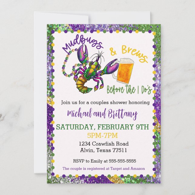 Mardi Gras Crawfish Wedding Shower Invitation (Front)