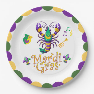 Mardi Gras crayfish, trumpet, mask, fleur de lis Paper Plate