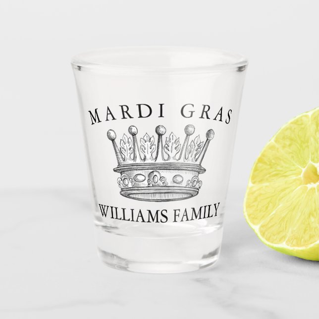 Mardi Gras Crown Family Name Monogram Shot Glass (Front)