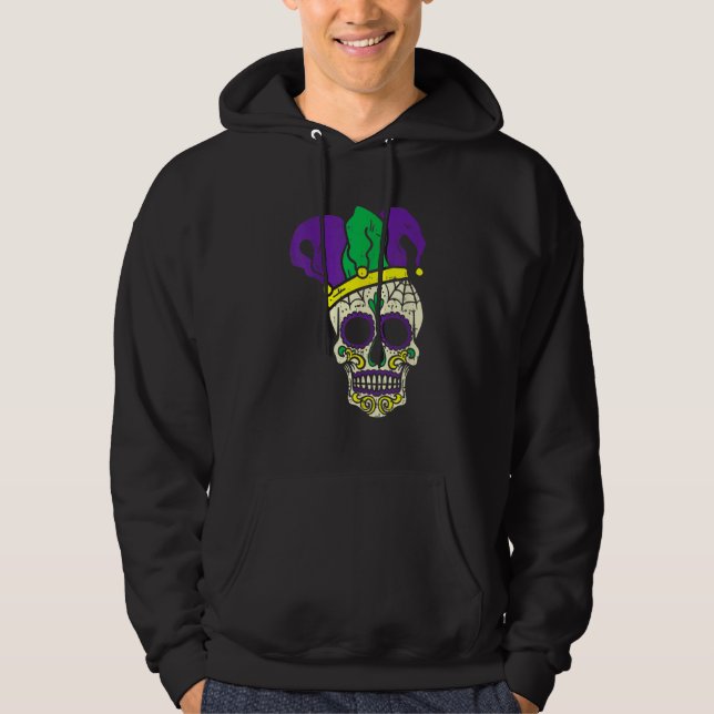 Mardi Gras Cute Skull Jester Hat Masked Beads Fest Hoodie (Front)