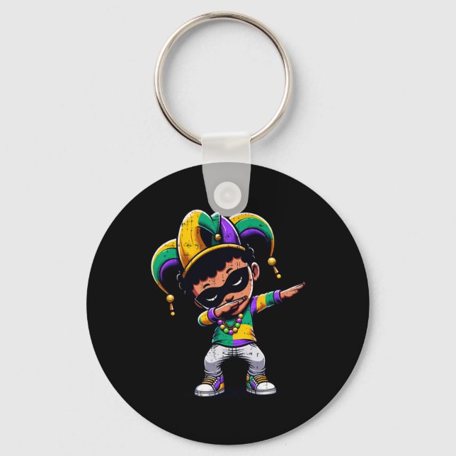 Mardi Gras Dabbing Boy Black Funny Outfit Jester H Key Ring (Front)