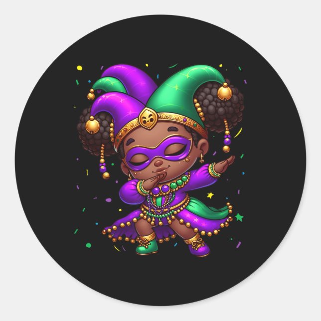 Mardi Gras Dabbing Cute Black Girl Jester Hat Wome Classic Round Sticker (Front)