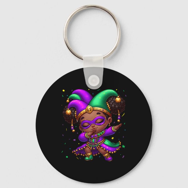 Mardi Gras Dabbing Cute Black Girl Jester Hat Wome Key Ring (Front)