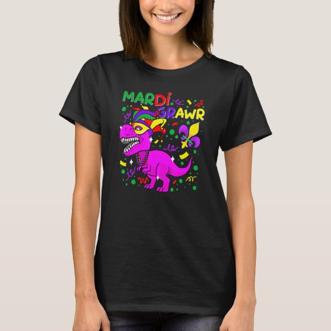 Mardi Gras Dabbing Rex Dinosaur Mardi Grawr Bead O T-Shirt (Front)
