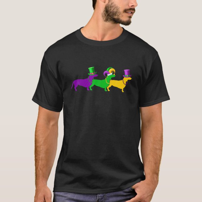 Mardi Gras Dachshund Dog Bead Jester Funny Festiva T-Shirt (Front)