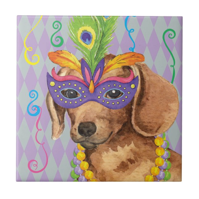 Mardi Gras Dachshund Tile (Front)