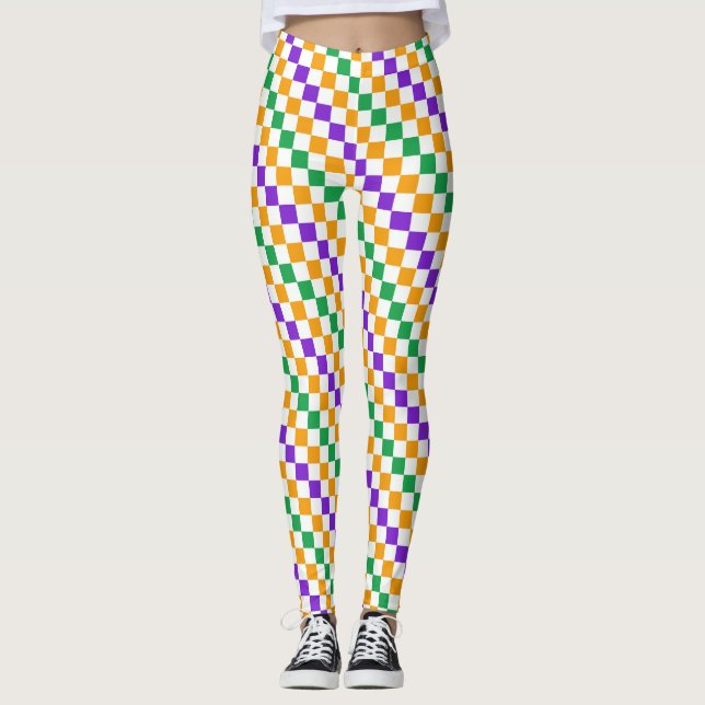Mardi gras diagonal checkerboard pattern leggings (Front)