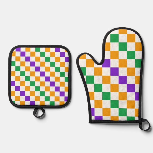 Mardi gras diagonal chequerboard pattern oven mitt & pot holder set (Front)
