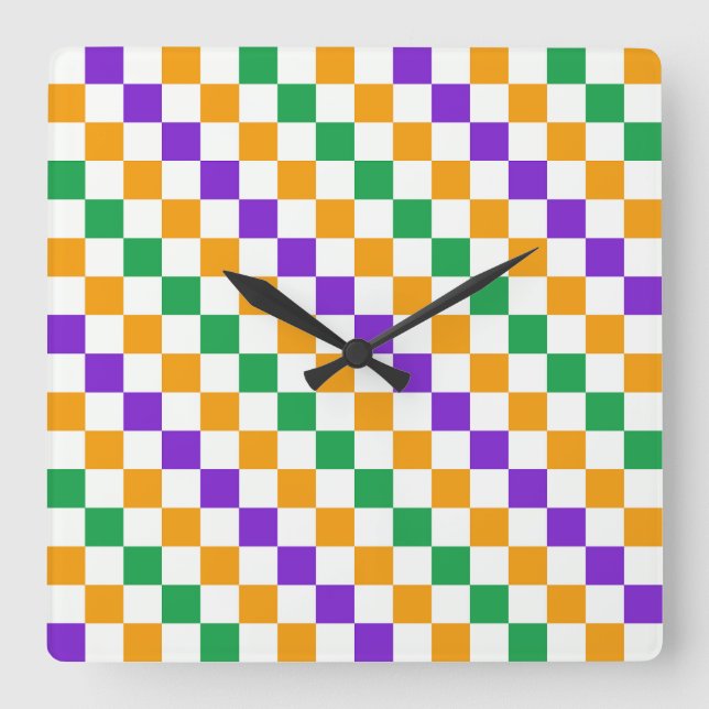 Mardi gras diagonal chequerboard pattern square wall clock (Front)