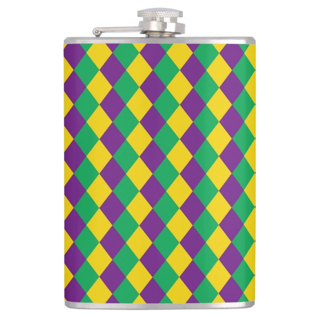 Mardi Gras Diamonds: Vibrant Festive Pattern Hip Flask (Front)