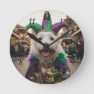Mardi Gras Dog Jester Costume Round Clock