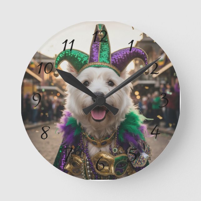 Mardi Gras Dog Jester Costume Round Clock (Front)